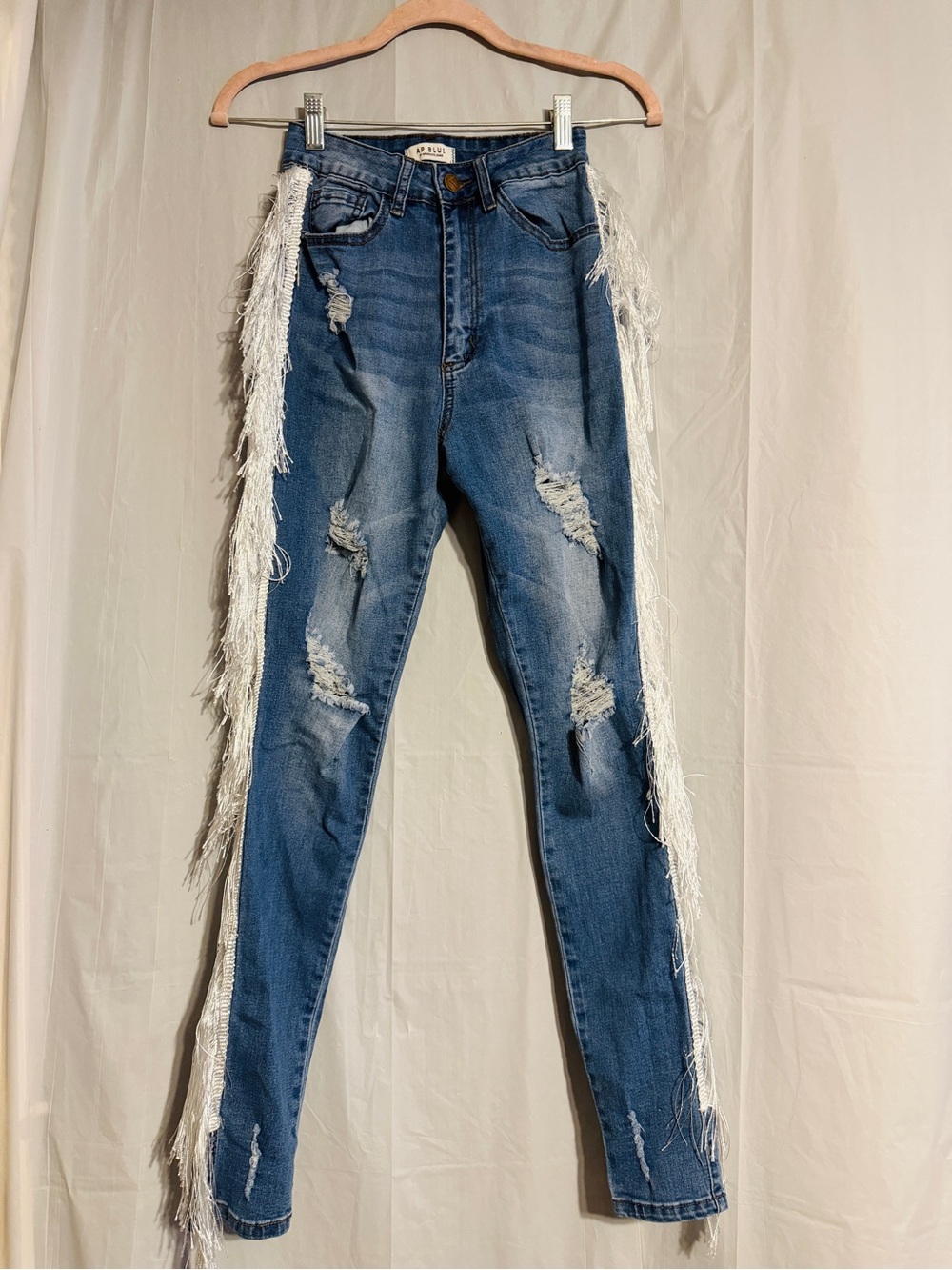AP Blue Aphrodite Jeans Womenโs Size 5 Distressed Fringe Tassel Skinny Jeans Y2K